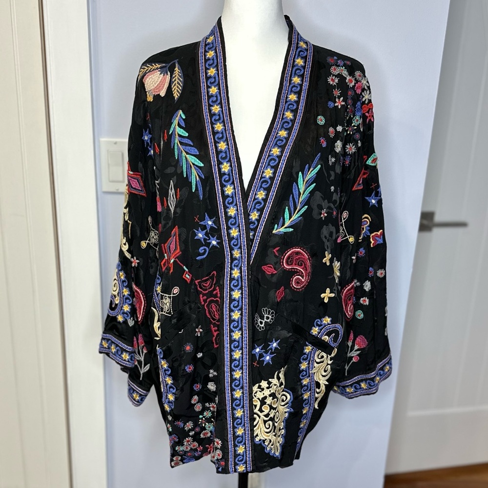 Embroidered Black Floral Kimono Jacket